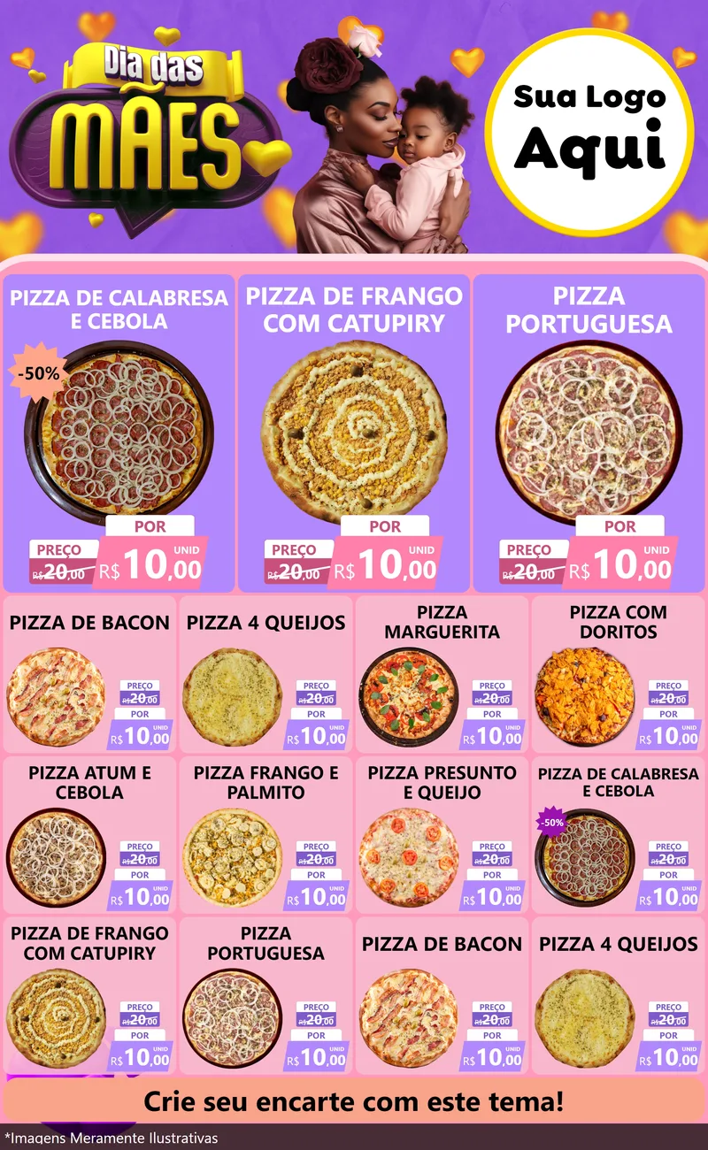 Modelo de Encarte para Encarte Grande com o tema Dia das Mães para Pizzaria