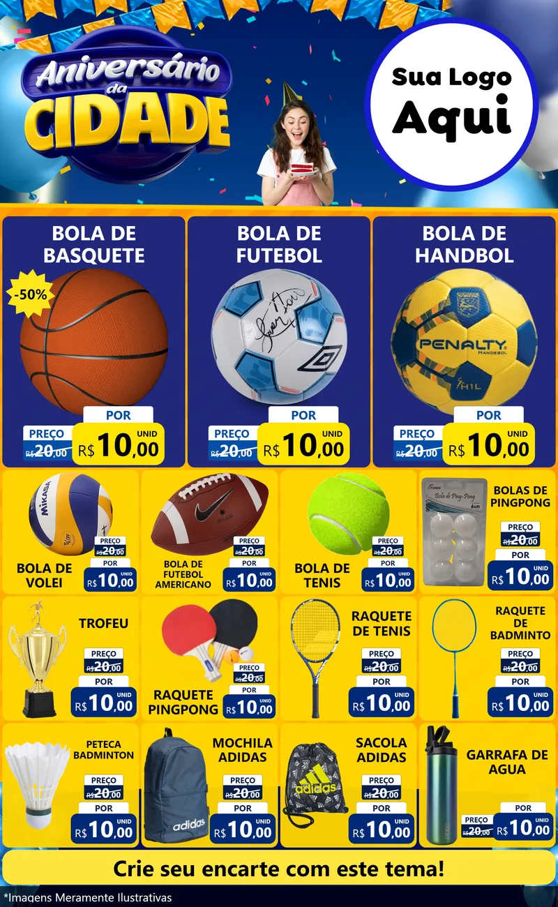 Modelo de Encarte para Encarte Grande com o tema Aniversário da Cidade para Artigos Esportivos
