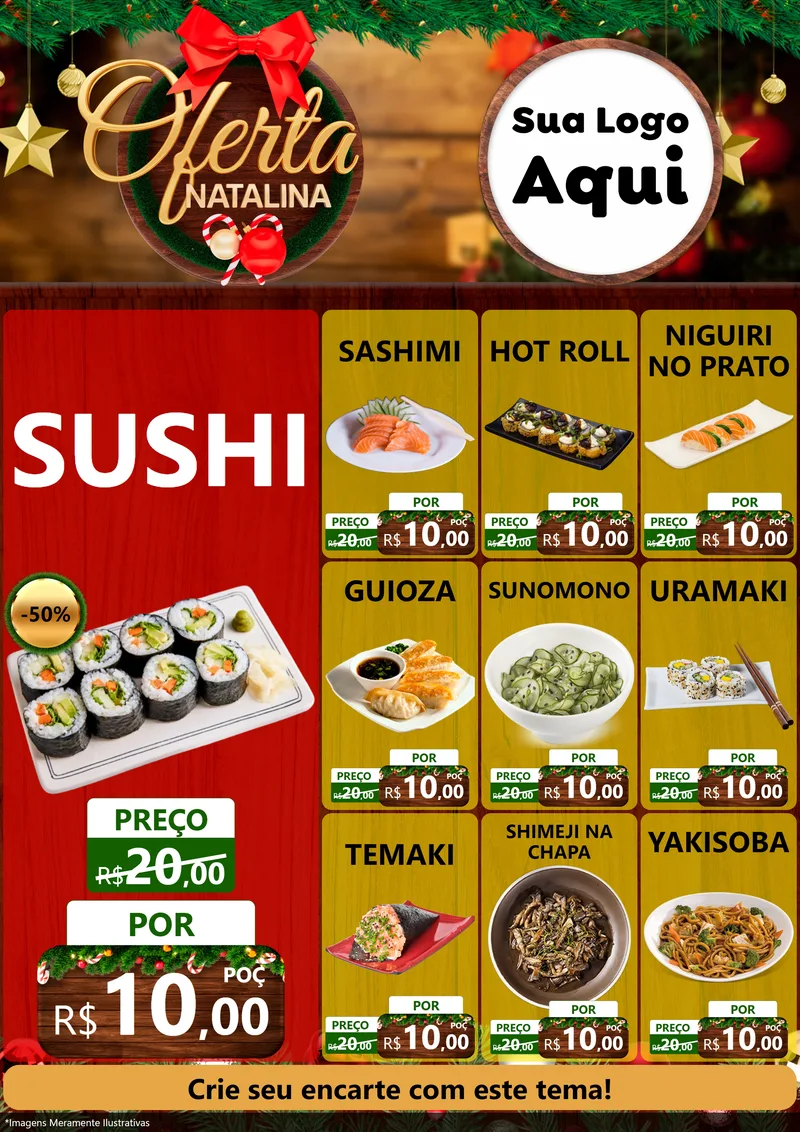 Modelo de Encarte para Encarte A4 Vertical com o tema Ofertas Natalina para Comida japonesa