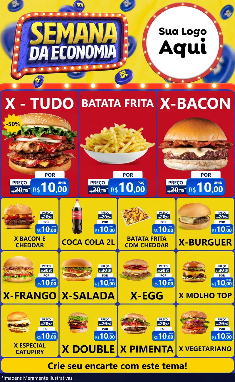 Modelo de Encarte para Encarte Grande com o tema Semana da Economia para Hamburgueria