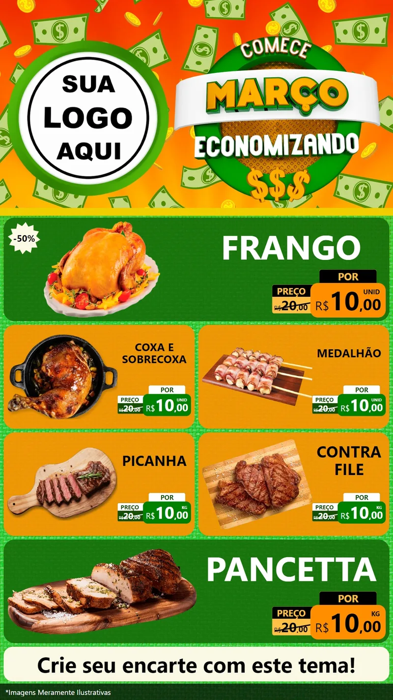 Modelo de TV para TV Vertical com o tema Comece Março Economizando para Assados