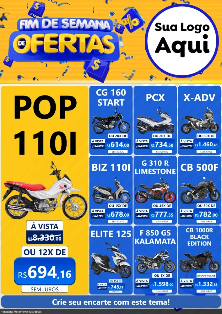 Modelo de Encarte para Encarte A4 Vertical com o tema Fim de Semana de Ofertas para Concessionaria de Motos