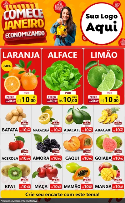 Modelo de Encarte para Encarte Grande com o tema Comece Janeiro Economizando para Hortifrúti