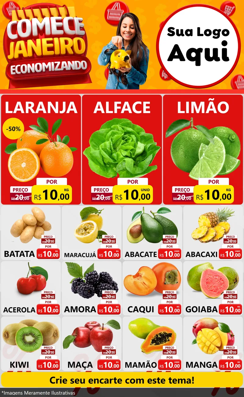 Modelo de Encarte para Encarte Grande com o tema Comece Janeiro Economizando para Hortifrúti
