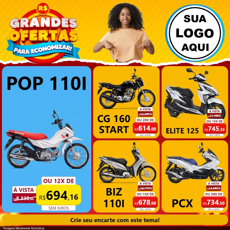 Modelo de Rede Social para Feed Facebook com o tema Grandes Ofertas Para Economizar! para Concessionaria de Motos