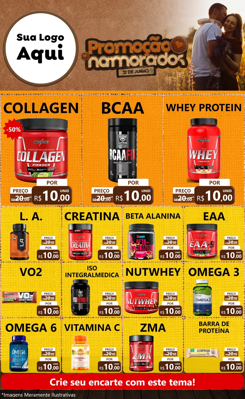 Modelo de Encarte para Encarte Grande com o tema Promoção Namorados para Suplementos alimentares