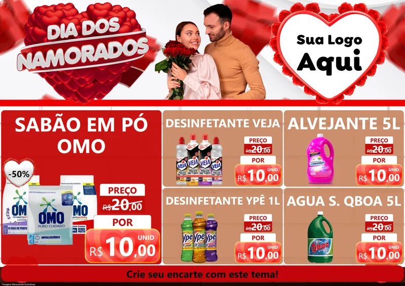 Modelo de Encarte para Encarte A4 Horizontal com o tema Dia dos Namorados para Produtos de Limpeza
