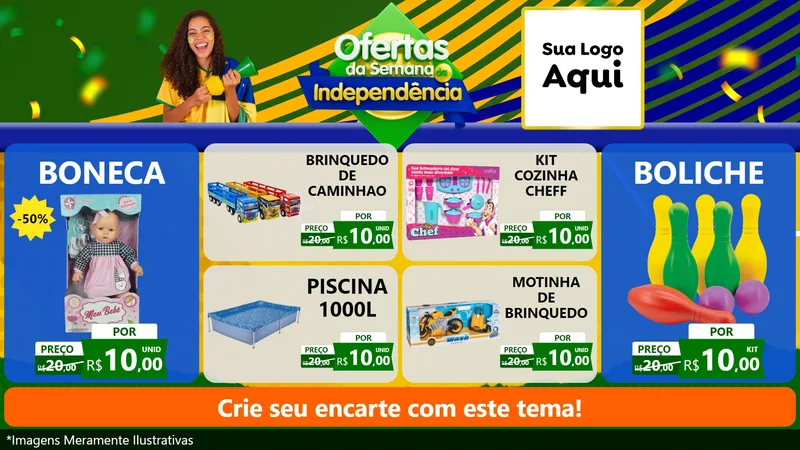 Modelo de TV para TV Horizontal com o tema Ofertas da Semana da Independência para Brinquedos