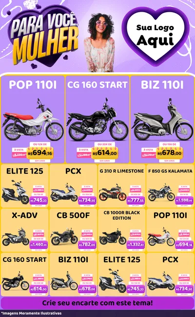 Modelo de Encarte para Encarte Grande com o tema Para Você, Mulher para Concessionaria de Motos