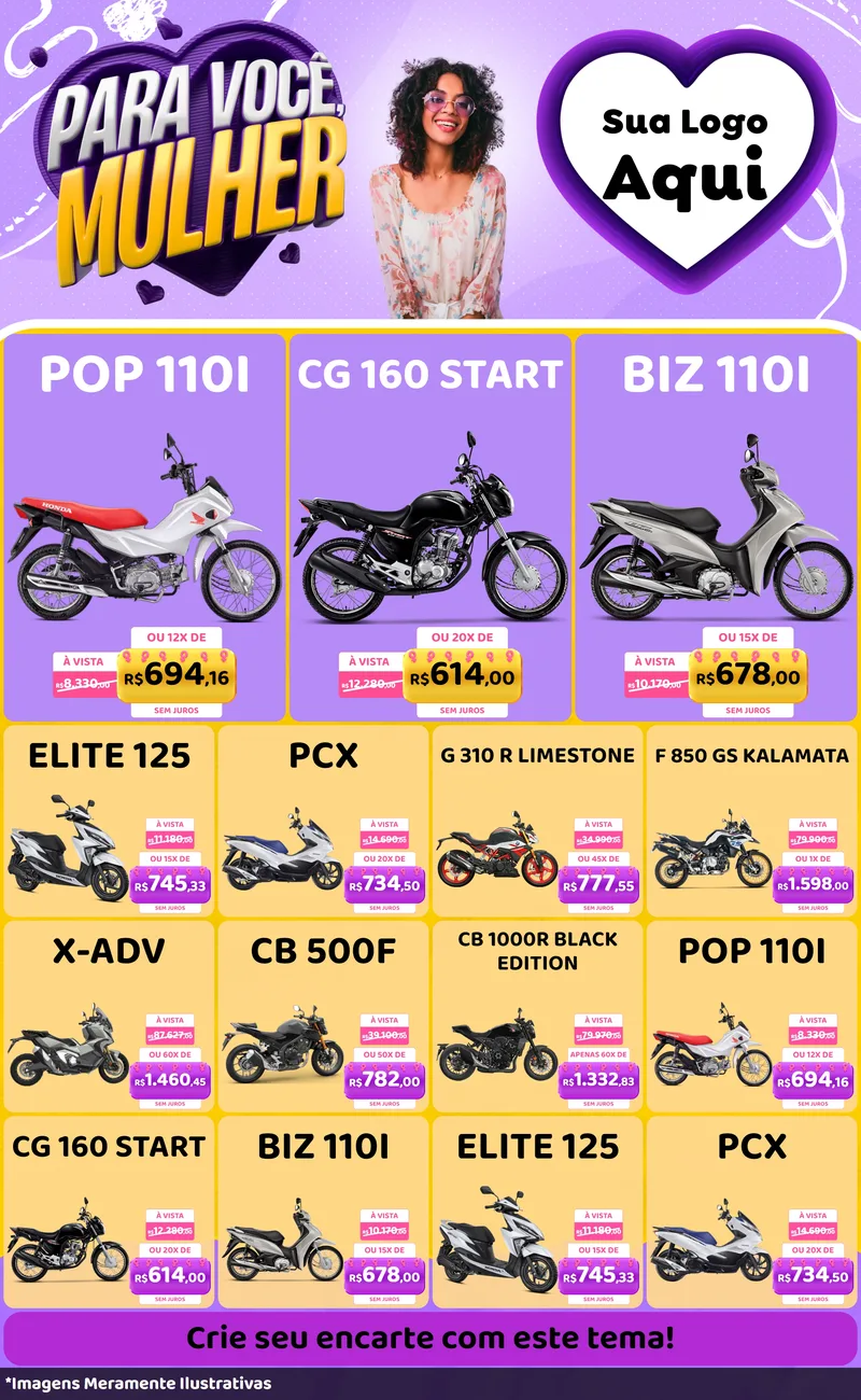 Modelo de Encarte para Encarte Grande com o tema Para Você, Mulher para Concessionaria de Motos