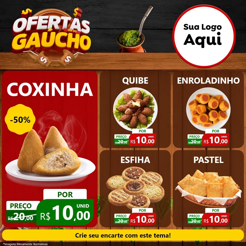 Modelo de Rede Social para Feed Facebook com o tema Ofertas Dia do Gaúcho para Salgadaria