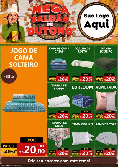 Modelo de Encarte para Encarte A4 Vertical com o tema Mega Saldão de Outono para Cama, Mesa e Banho