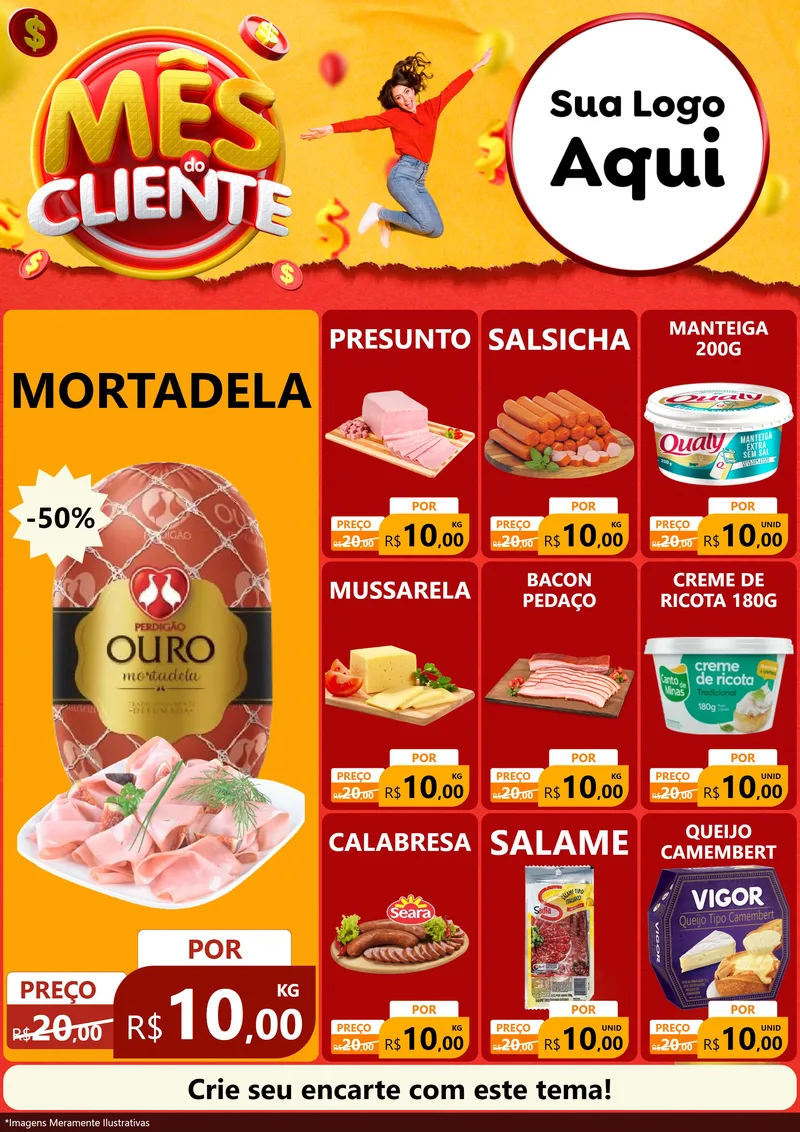 Modelo de Encarte para Encarte A4 Vertical com o tema Mês do Cliente para Frios e Laticínios