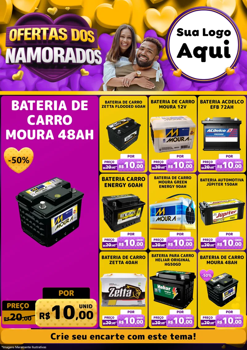 Modelo de Encarte para Encarte A4 Vertical com o tema Oferta Dos Namorados para Baterias Elétricas