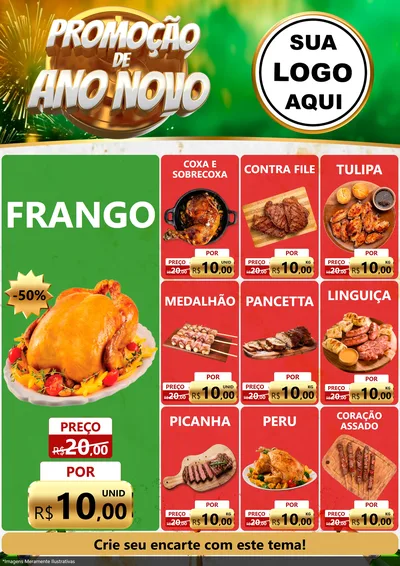 Modelo de Encarte para Encarte A4 Vertical com o tema Promoção de Ano Novo para Assados