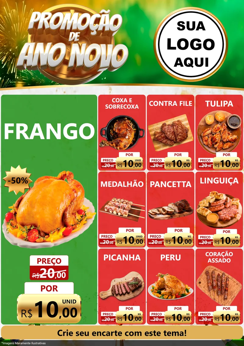 Modelo de Encarte para Encarte A4 Vertical com o tema Promoção de Ano Novo para Assados