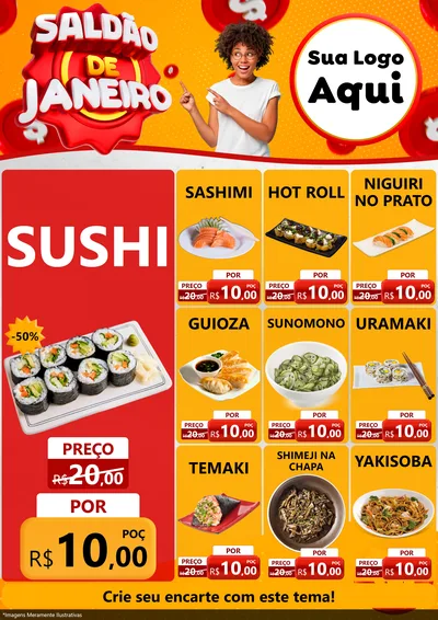 Modelo de Encarte para Encarte A4 Vertical com o tema Saldão de Janeiro para Comida japonesa
