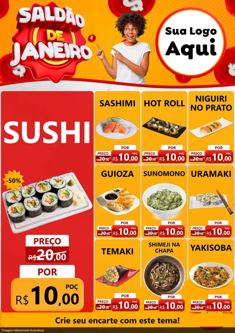 Modelo de Encarte para Encarte A4 Vertical com o tema Saldão de Janeiro para Comida japonesa