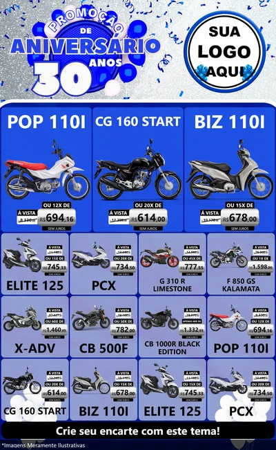 Modelo de Encarte para Encarte Grande com o tema Promoção de Aniversário - 30 Anos para Concessionaria de Motos