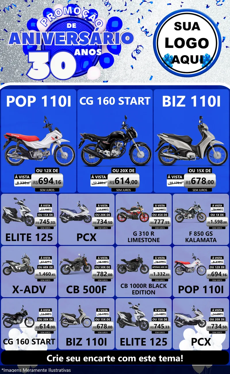 Modelo de Encarte para Encarte Grande com o tema Promoção de Aniversário - 30 Anos para Concessionaria de Motos