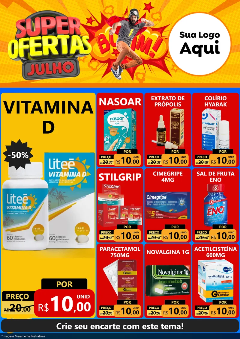 Modelo de Encarte para Encarte A4 Vertical com o tema Super Ofertas Julho para Farmácia