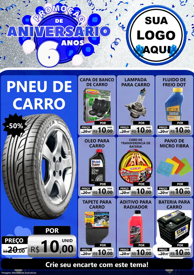 Modelo de Encarte para Encarte A4 Vertical com o tema Promoção de Aniversário - 6 Anos para Auto peças