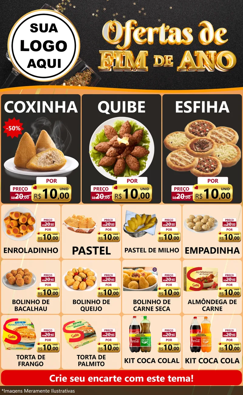 Modelo de Encarte para Encarte Grande com o tema Ofertas de Fim de Ano para Salgadaria
