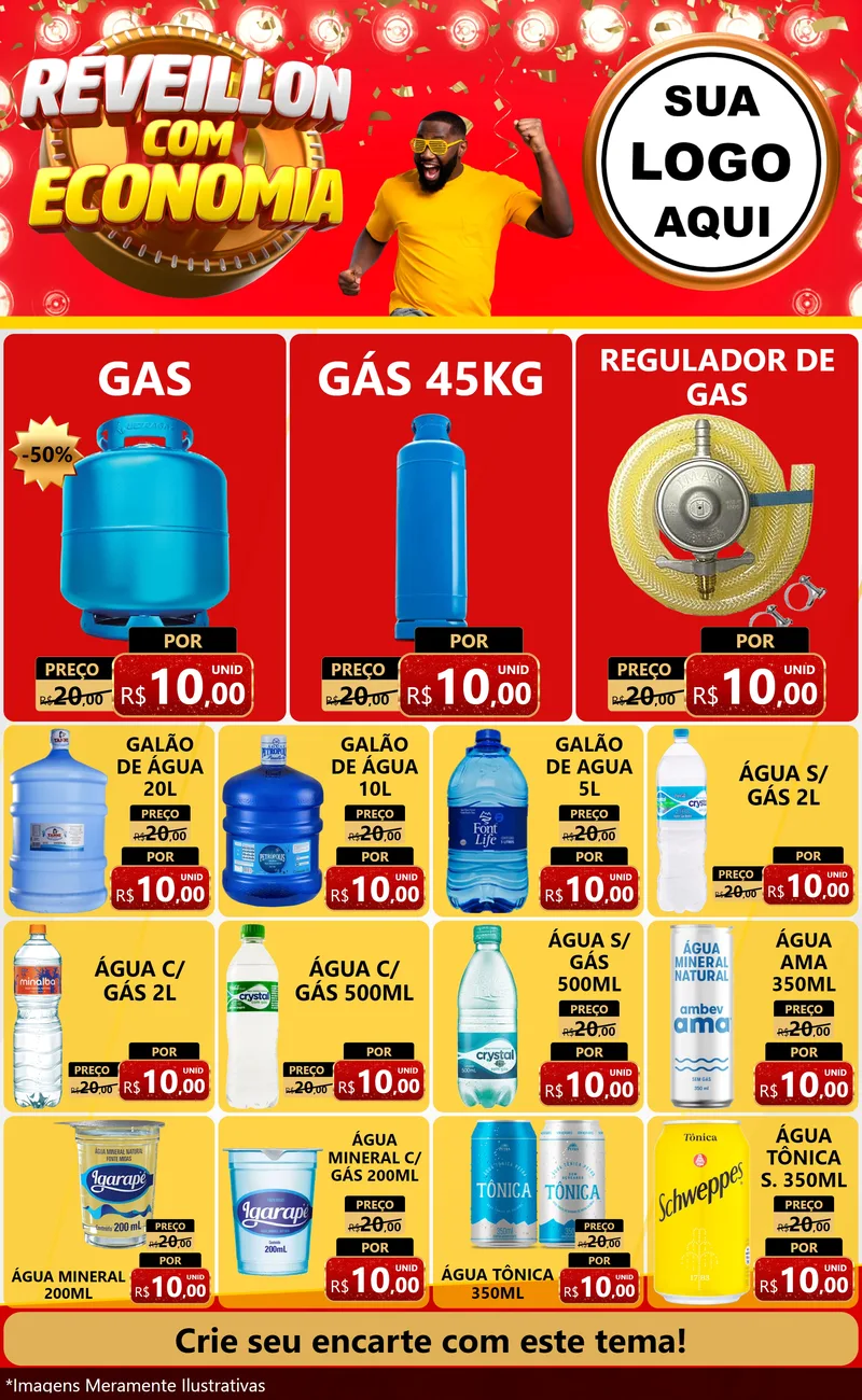 Modelo de Encarte para Encarte Grande com o tema Réveillon com Economia para Água e gás