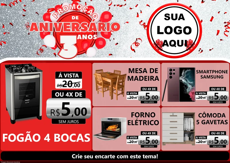 Modelo de Encarte para Encarte A4 Horizontal com o tema Promoção de Aniversário - 3 Anos para Móveis e Eletro