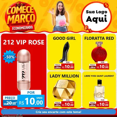 Modelo de Rede Social para Feed Facebook com o tema Comece Março Economizando para Perfumes