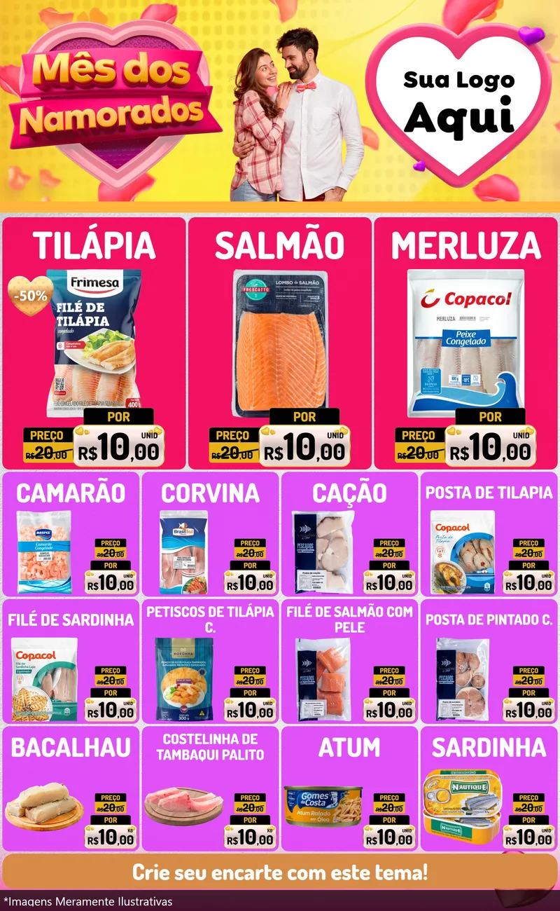 Modelo de Encarte para Encarte Grande com o tema Mês dos Namorados para Peixaria
