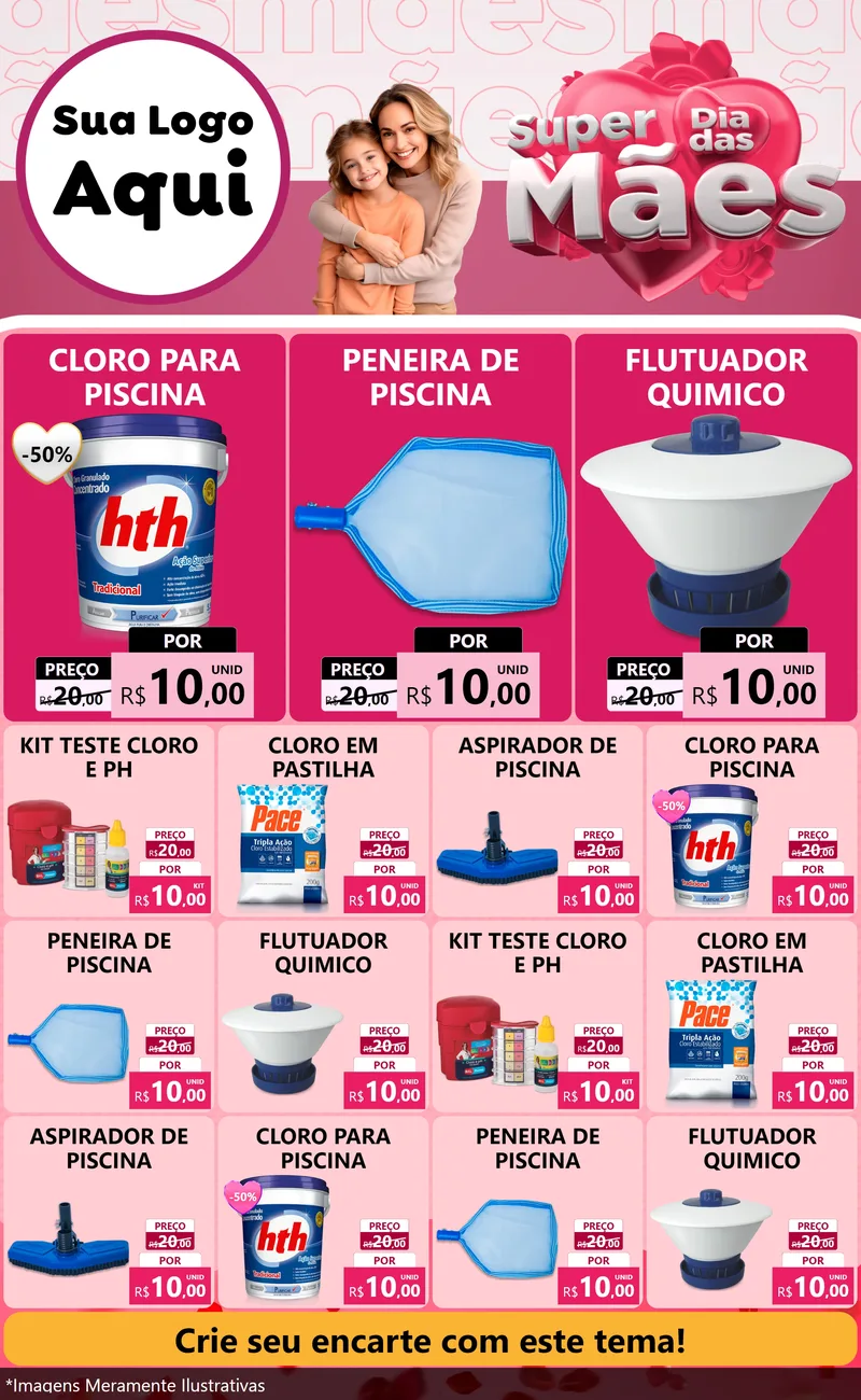 Modelo de Encarte para Encarte Grande com o tema Super Dia Das Mães para Produtos para Piscina