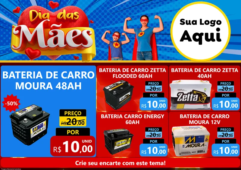 Modelo de Encarte para Encarte A4 Horizontal com o tema Dia das Mães para Baterias Elétricas