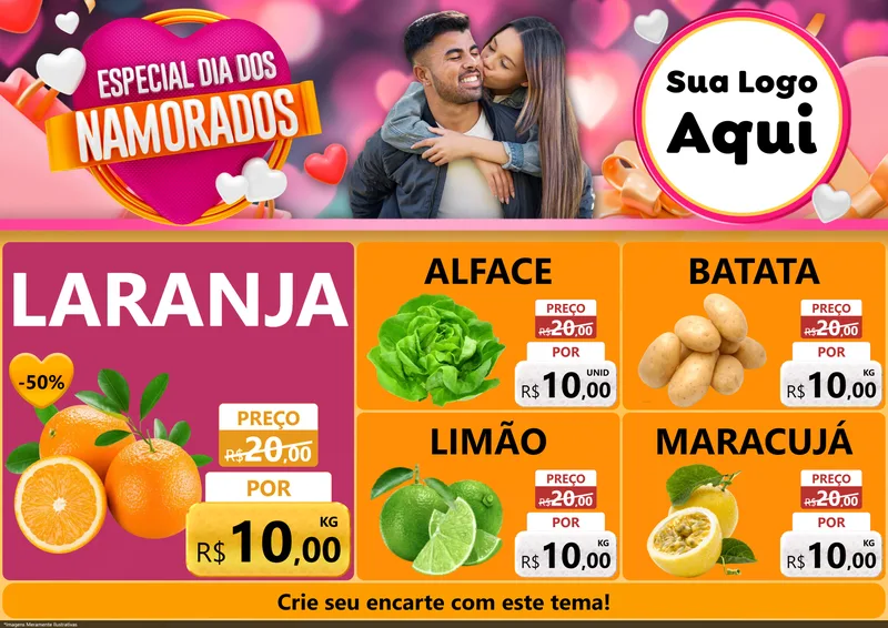 Modelo de Encarte para Encarte A4 Horizontal com o tema Especial Dia dos Namorados para Hortifrúti