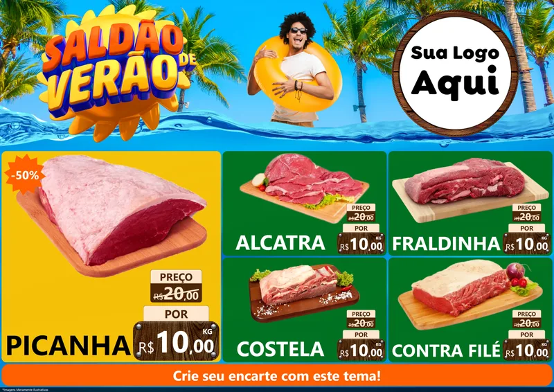 Modelo de Encarte para Encarte A4 Horizontal com o tema Saldão de Verão para Açougue