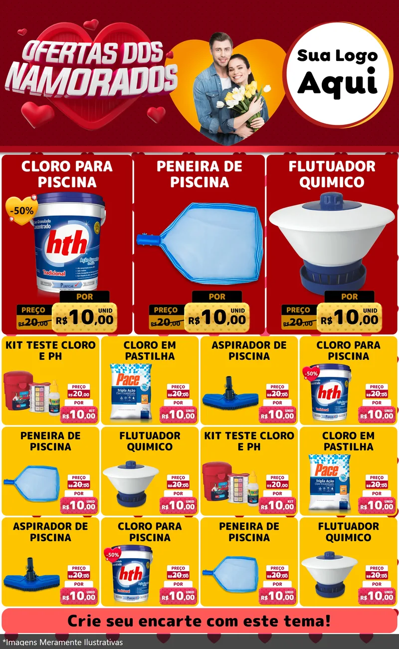 Modelo de Encarte para Encarte Grande com o tema Ofertas Dos Namorados para Produtos para Piscina