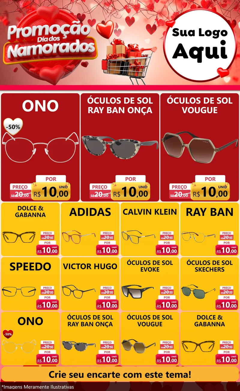 Modelo de Encarte para Encarte Grande com o tema Promoção Dia dos Namorados para Óticas