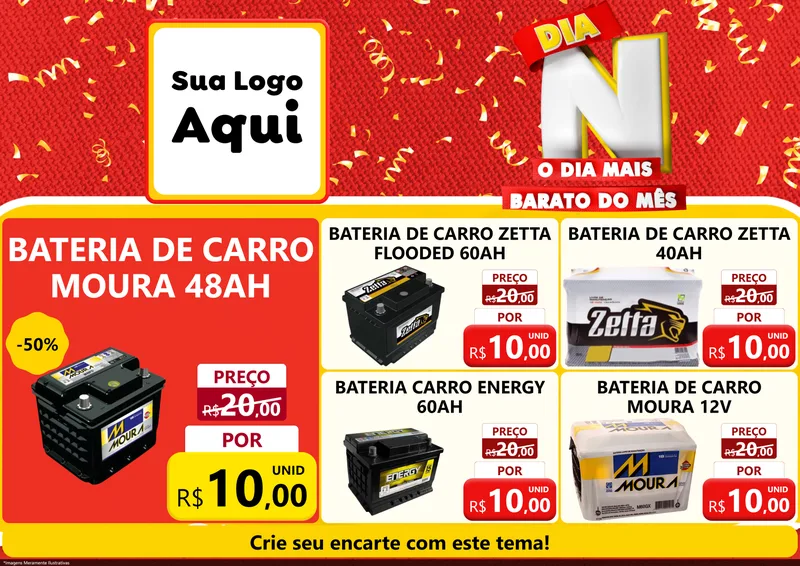 Modelo de Encarte para Encarte A4 Horizontal com o tema Dia N o Dia Mais Barato do Mês para Baterias Elétricas
