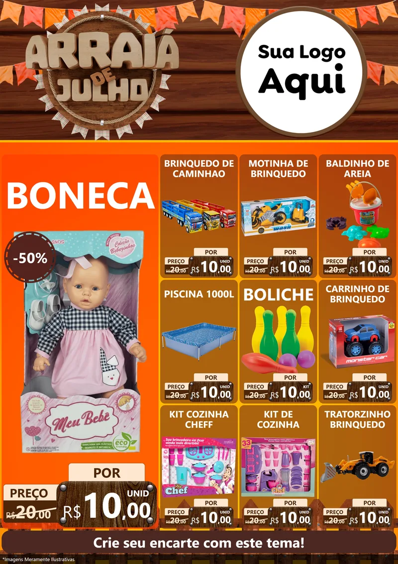Modelo de Encarte para Encarte A4 Vertical com o tema Arraiá de Julho - Junina para Brinquedos