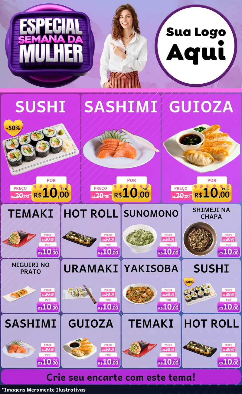 Modelo de Encarte para Encarte Grande com o tema Especial Semana da Mulher para Comida japonesa