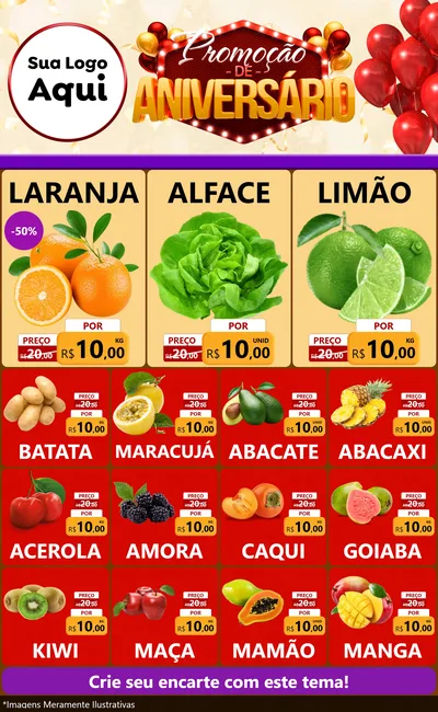 Modelo de Encarte para Encarte Grande com o tema Promoção de Aniversário para Hortifrúti