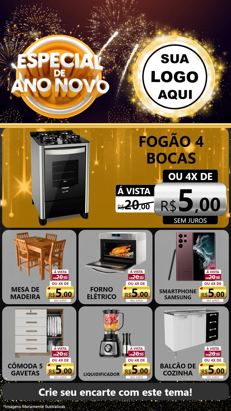 Modelo de Rede Social para Stories com o tema Especial de Ano Novo para Móveis e Eletro