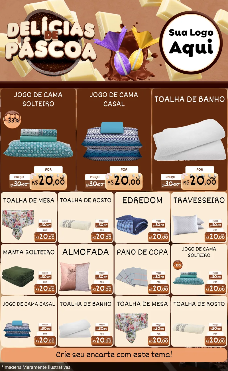 Modelo de Encarte para Encarte Grande com o tema Delícias de Páscoa para Cama, Mesa e Banho