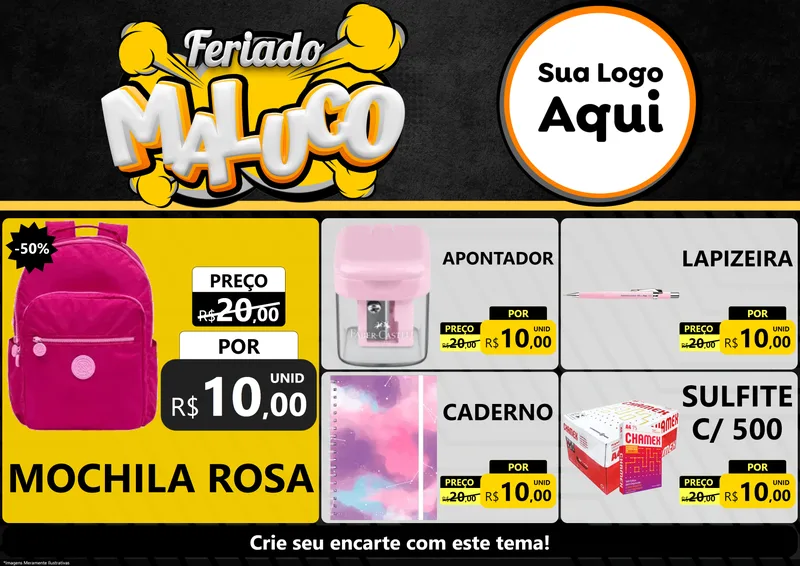 Modelo de Encarte para Encarte A4 Horizontal com o tema Feriado Maluco para Papelaria