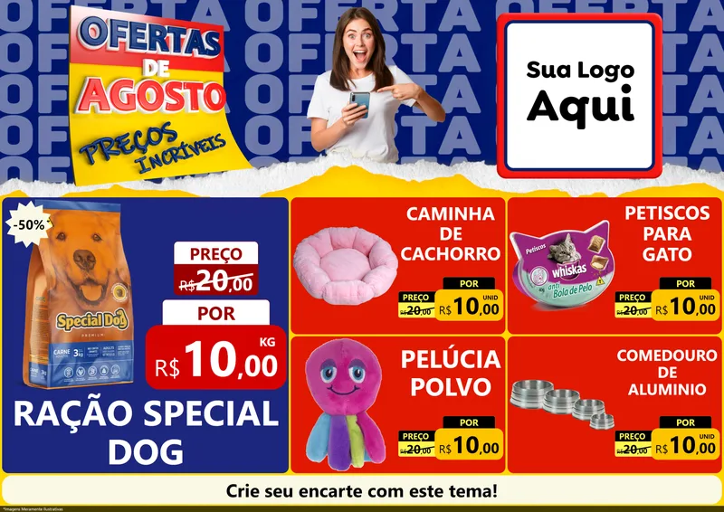 Modelo de Encarte para Encarte A4 Horizontal com o tema Ofertas de Agosto - Preços Incríveis para Pet Shop