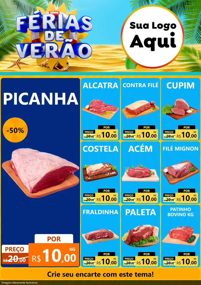 Modelo de Encarte para Encarte A4 Vertical com o tema Férias de Verão para Açougue