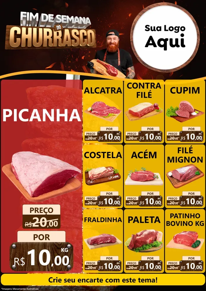 Modelo de Encarte para Encarte A4 Vertical com o tema Fim de Semana do Churrasco para Açougue
