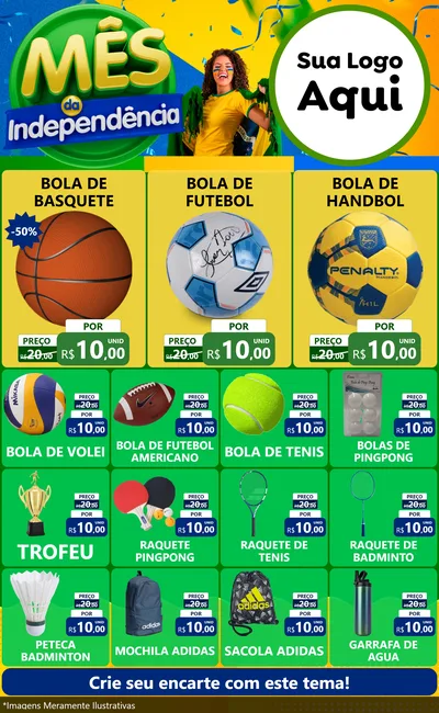 Modelo de Encarte para Encarte Grande com o tema Mês da Independência para Artigos Esportivos