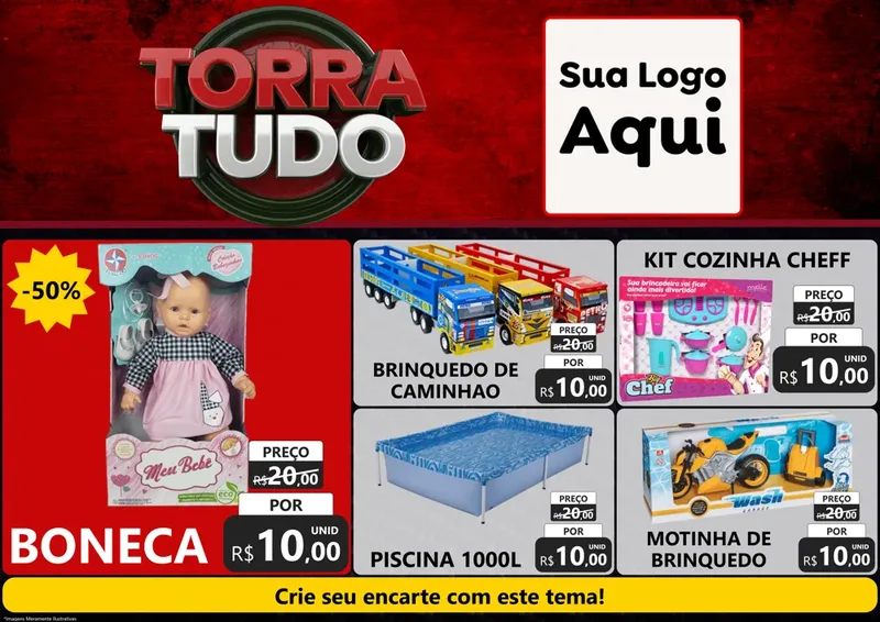 Modelo de Encarte para Encarte A4 Horizontal com o tema Torra Tudo para Brinquedos