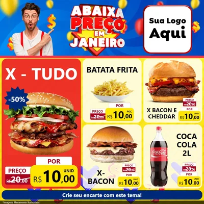 Modelo de Rede Social para Feed Facebook com o tema Abaixa Preço em Janeiro para Hamburgueria